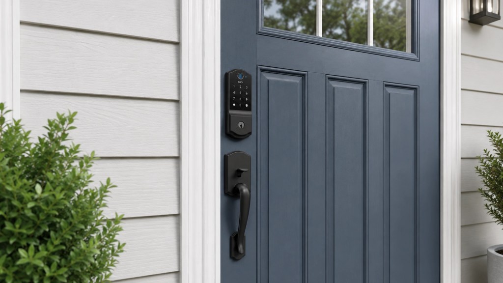 Close-up of a modern blue front door featuring a keypad entry system and a traditional door handle, flanked by green shrubs.