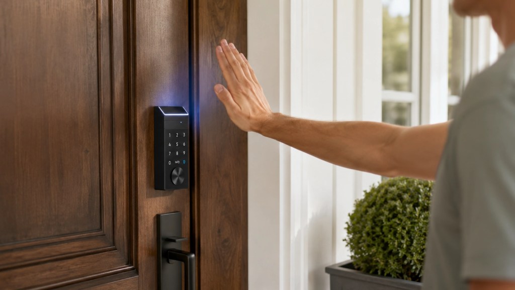 A person using a smart door lock with a keypad, placing their hand near the sensor, in front of a wooden door with a potted plant.