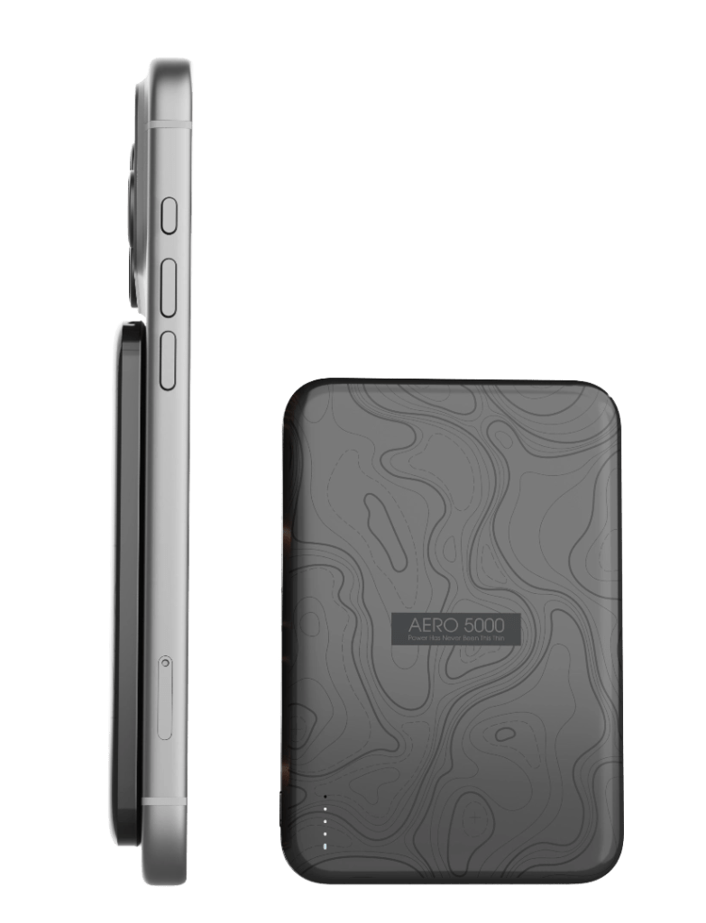 Image showing a sleek smartphone next to a compact power bank, labeled 'AERO 5000', featuring a textured design.