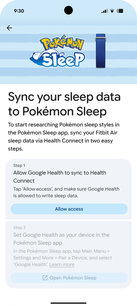 A smartphone screen displaying the Pokémon Sleep app interface, featuring instructions on syncing sleep data from a Fitbit Air device via Google Health. The header says 'Sync your sleep data to Pokémon Sleep,' and includes a colorful Pokémon Sleep logo.