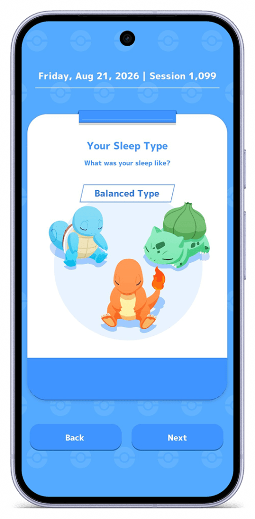 A mobile app screen displaying sleep type results with cartoon characters representing Squirtle, Charmander, and Bulbasaur, labeled 'Balanced Type.'
