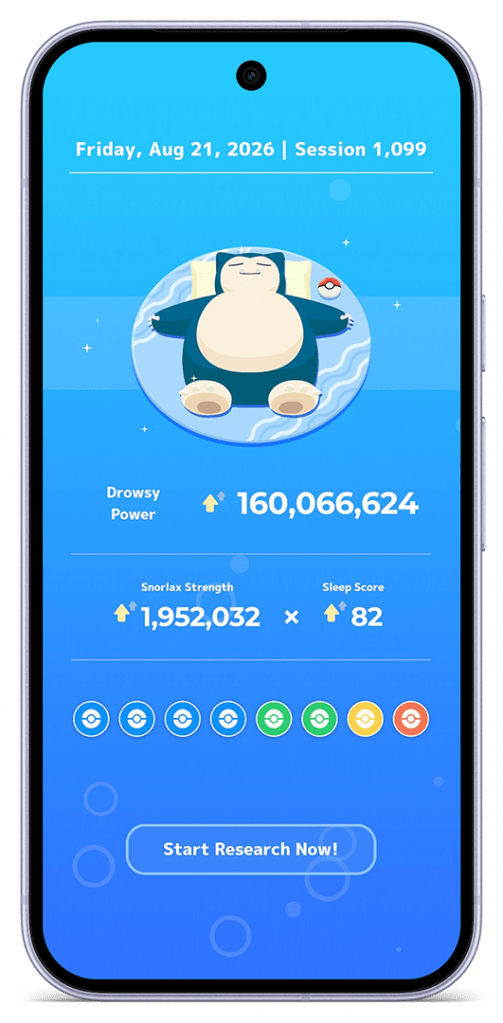 A smartphone screen displaying a digital interface featuring a sleeping Snorlax with statistics for drowsy power, strength, and sleep score, along with a 'Start Research Now!' button.