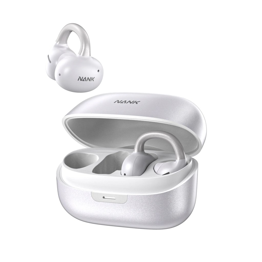 Wireless earbuds in a sleek charging case, featuring a modern design and the brand name 'NANK'.