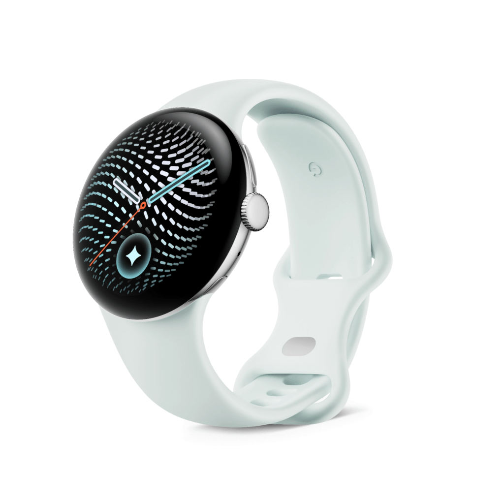 A sleek smartwatch with a round display, featuring a modern design and a light blue silicone strap.