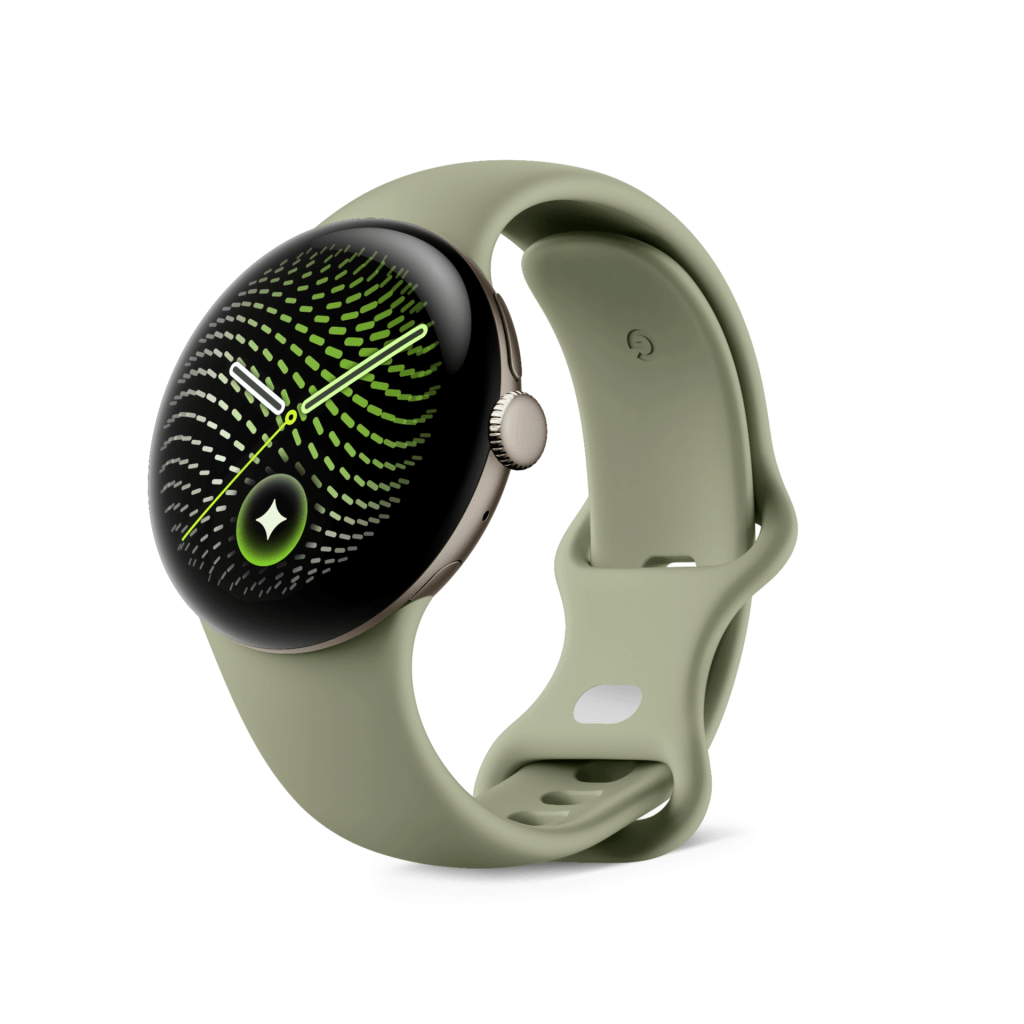 A modern smartwatch with a round display, featuring a black and green design, set on a light green silicone strap.