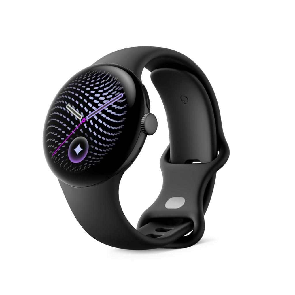 A sleek black smartwatch displaying a vibrant abstract watch face with colorful patterns and indicators, featuring a round shape and a silicone strap.