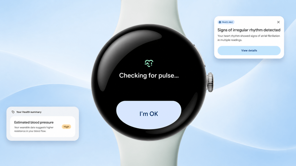A smartwatch display showing a pulse check in progress, with a message 'I'm OK' and health alerts regarding blood pressure and irregular heart rhythm on a light blue background.