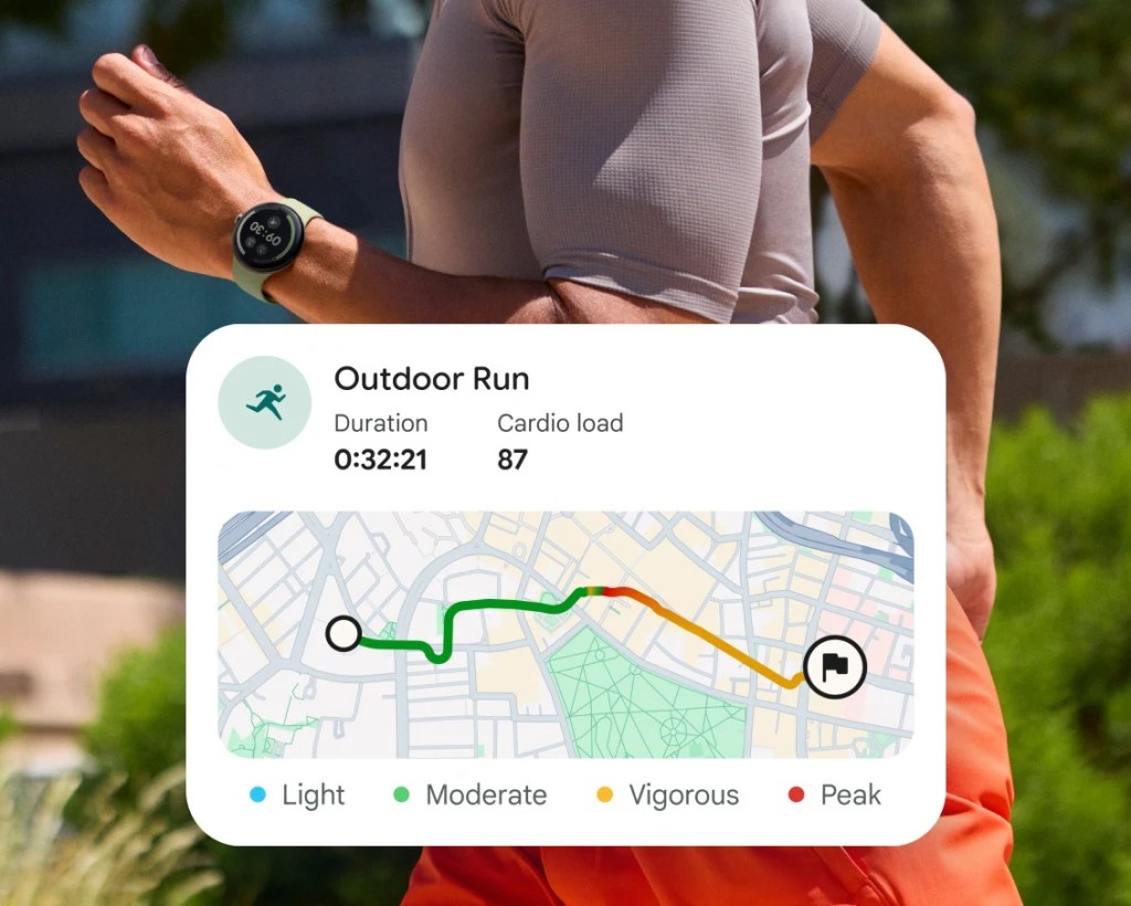 A close-up of a male runner's arm wearing a fitness smartwatch, displaying an outdoor run summary with duration and cardio load metrics, along with a colorful map route.