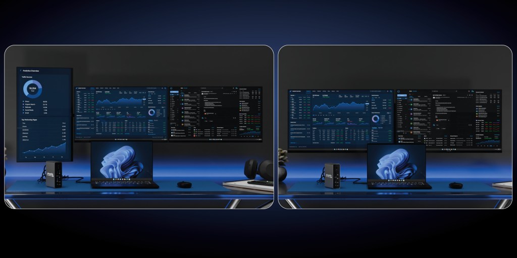 A modern workspace featuring three screens displaying data analytics and financial graphics, with a laptop and accessories on a sleek desk.