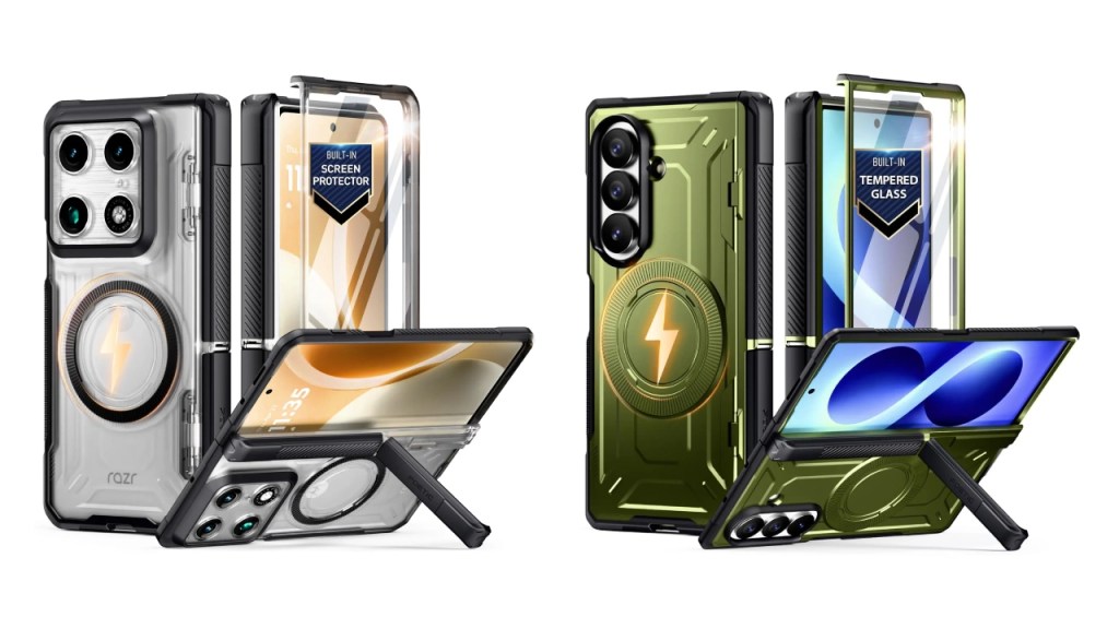 Two mobile phone cases displayed side by side, one clear with built-in screen protector and the other in green with built-in tempered glass. Both showcase a circular charging area and a kickstand feature.