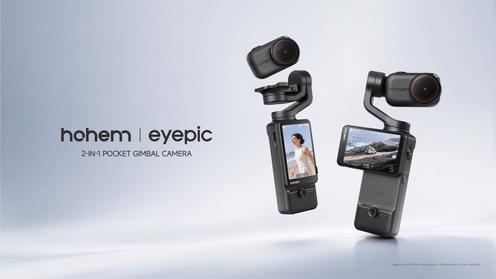 A promotional image featuring the Hahem Eyepic 2-in-1 pocket gimbal camera, showcasing two camera units with a smooth design and an LCD screen. The product is displayed against a light background for emphasis.