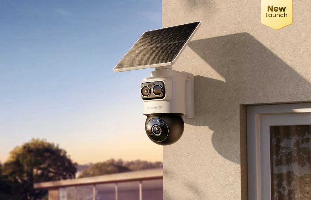 A solar-powered security camera mounted on an exterior wall, featuring dual lenses and a round camera below, with a 'New Launch' banner in the corner.