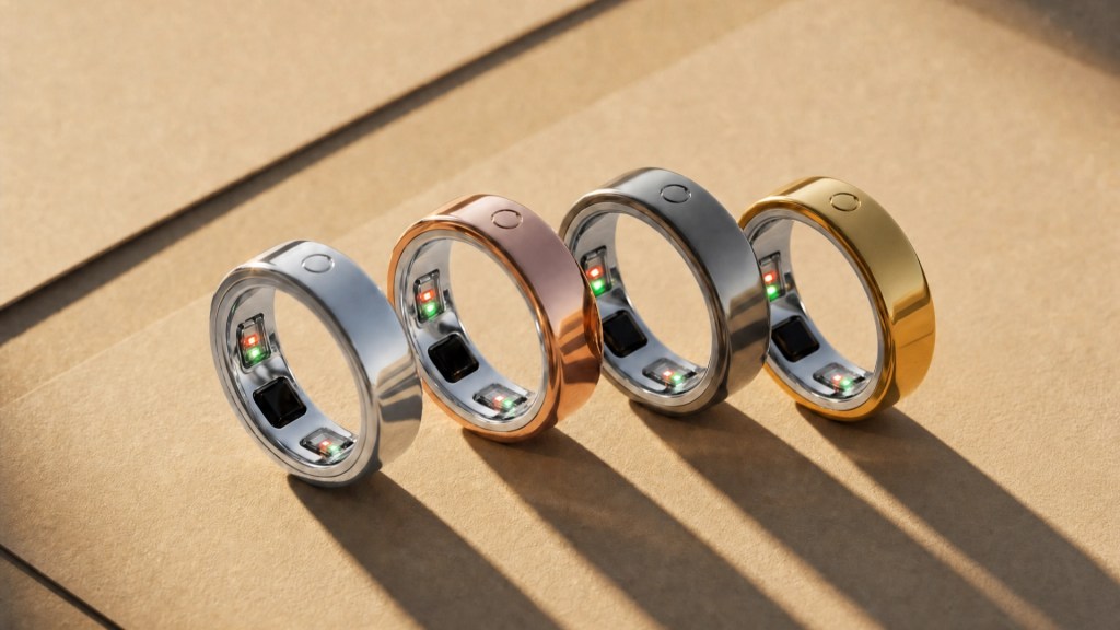 Four sleek smart rings in silver, rose gold, gunmetal, and gold displayed on a brown surface, featuring sensors and LED indicators.