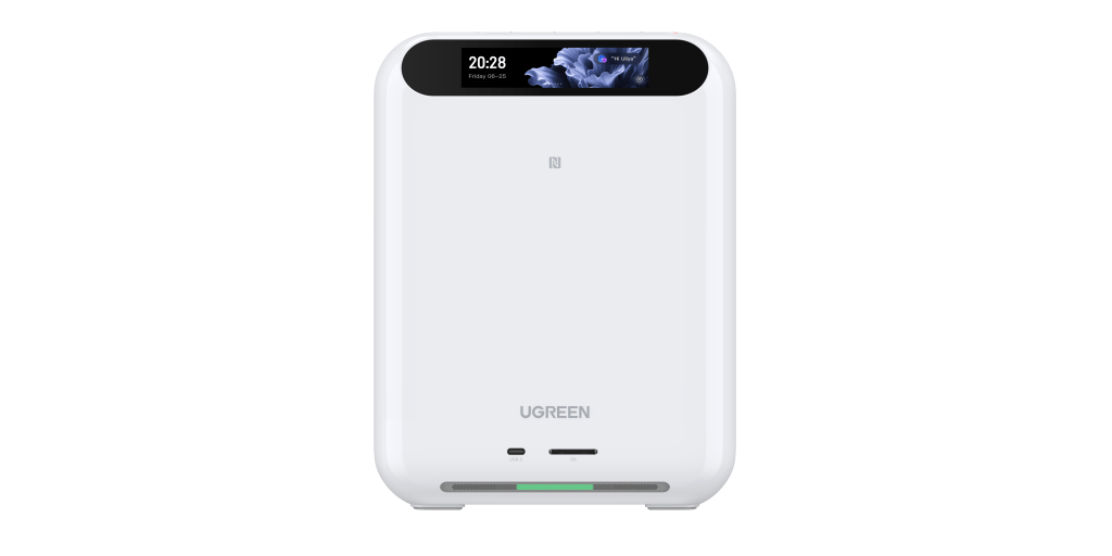 A sleek white electronic device with a small digital display showing the time and notifications, labeled 'UGREEN'.
