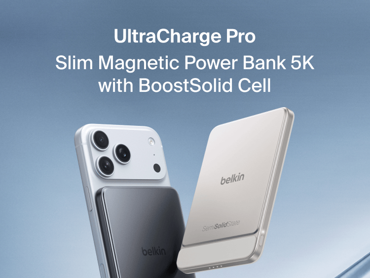 UltraCharge Pro Slim Magnetic Power Bank 5K with BoostSolid Cell showcased alongside a smartphone.