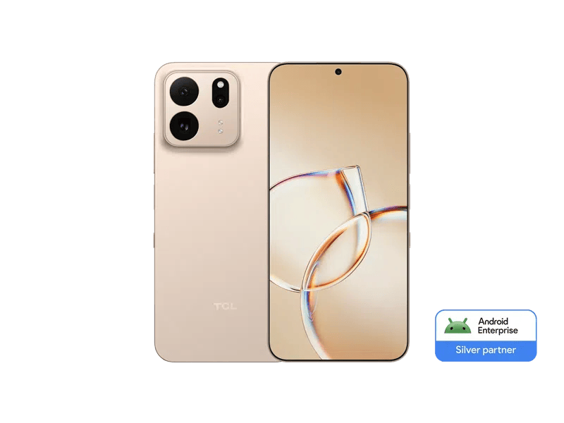 A TCL smartphone with a gold finish, displaying a dual-camera system on the back and a large front display featuring a center punch-hole camera. An 'Android Enterprise Silver partner' badge is displayed at the bottom.