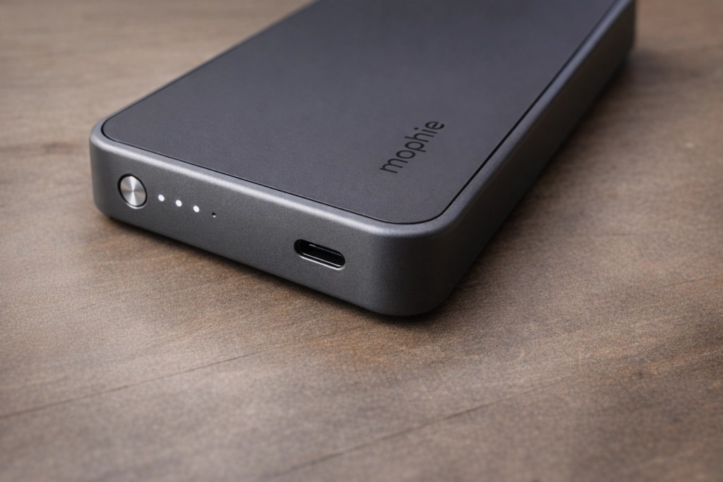 Close-up of a Mophie power bank showing charging port and LED indicators on a wooden surface.