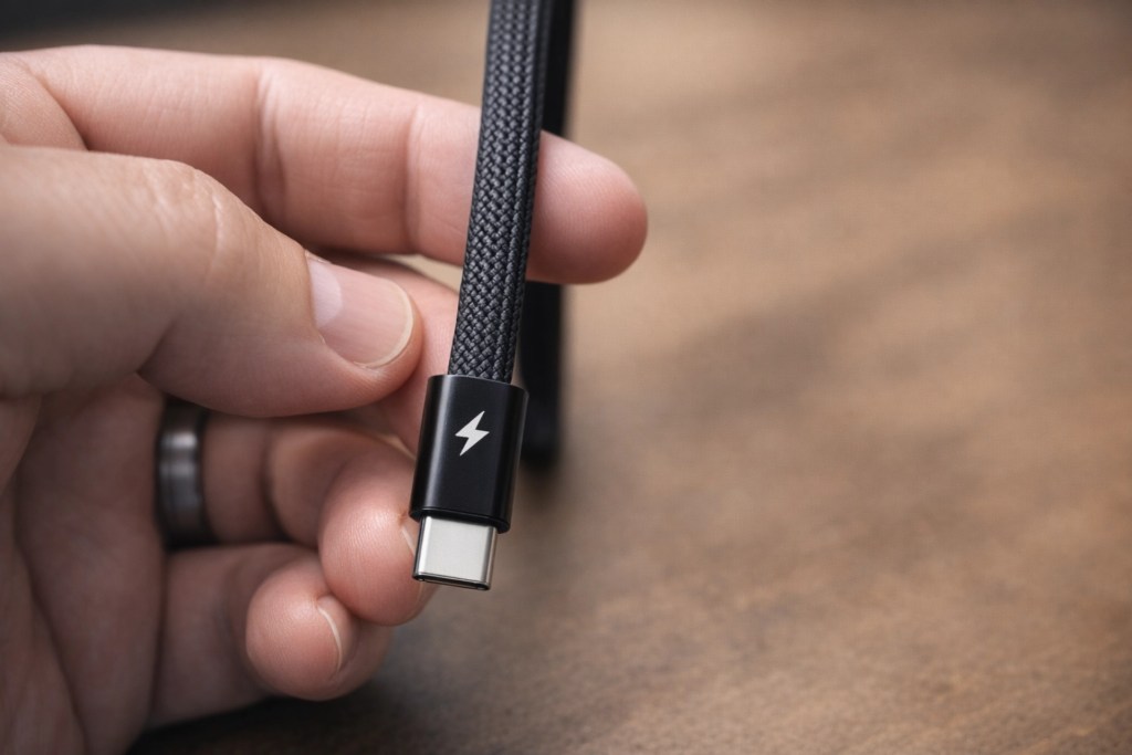 A person holding a black braided USB-C charging cable with a lightning bolt symbol on the connector against a wooden surface.