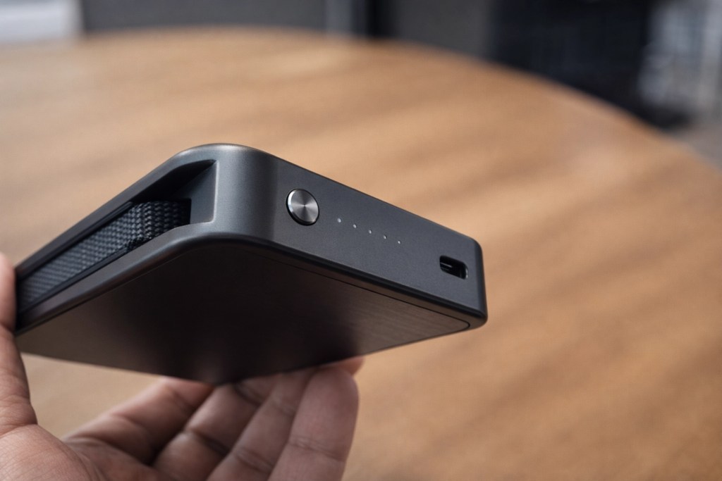 Close-up of a portable power bank held in a hand, featuring a textured surface, power button, indicator lights, and a USB-C port.