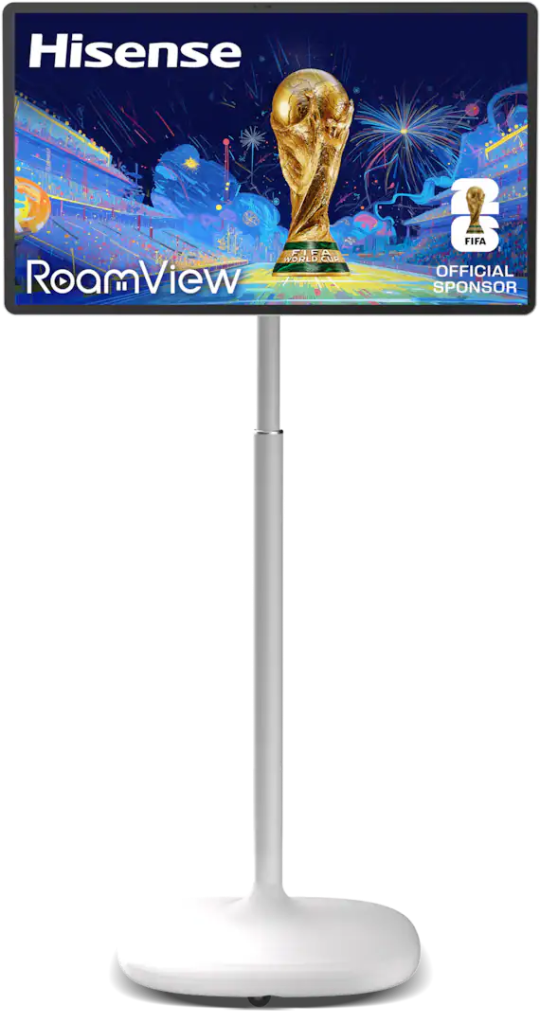 Digital display sign for Hisense featuring the FIFA World Cup trophy, with colorful background and the text 'RoamView' and 'Official Sponsor'.
