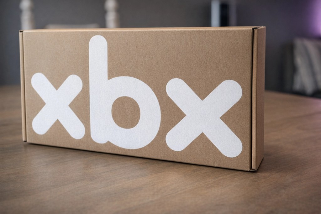 A cardboard box with the logo 'xbox' displayed on the front, sitting on a wooden table.