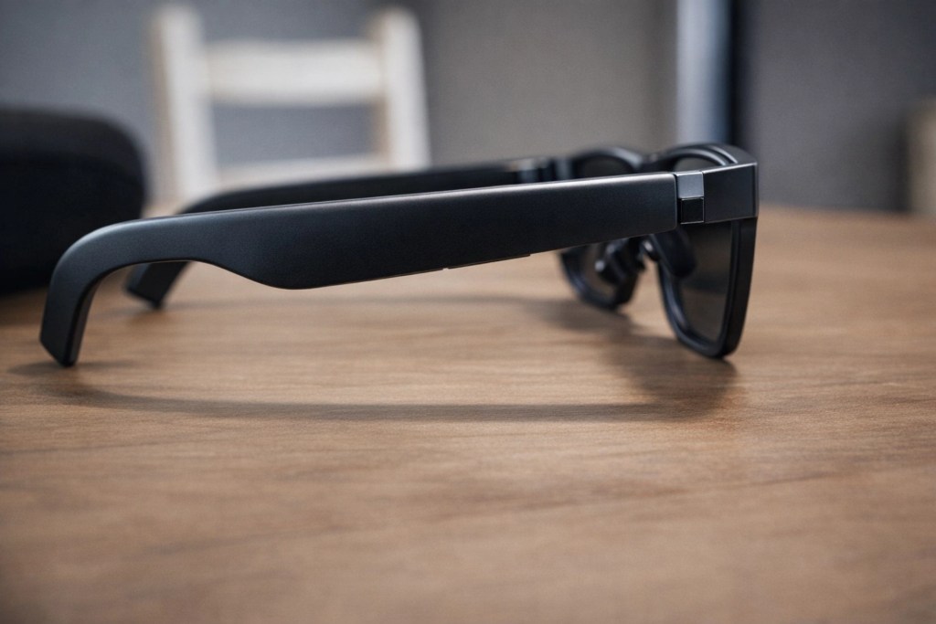 A pair of modern, stylish black glasses resting on a wooden surface, showcasing their sleek design.
